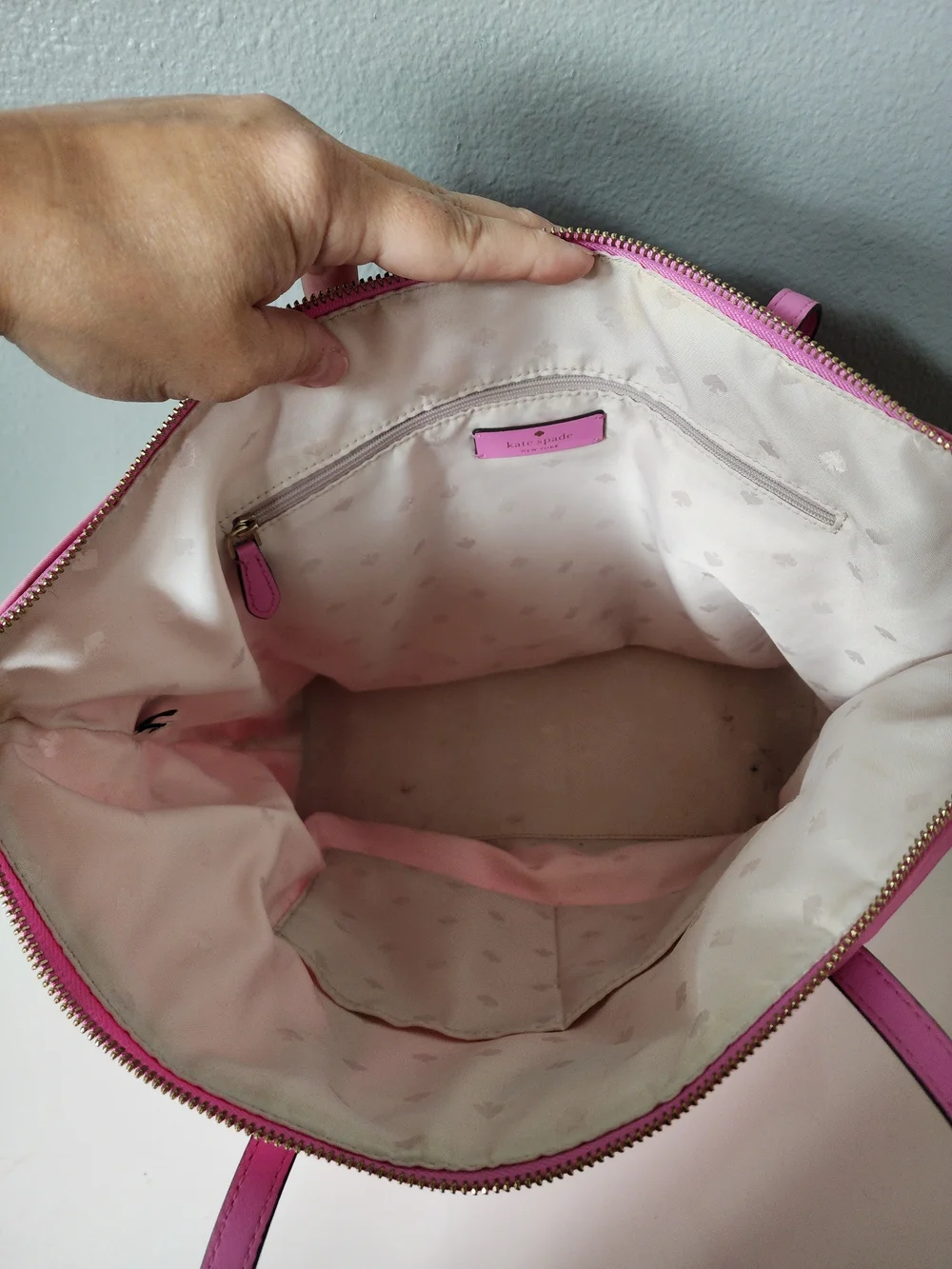 Kate Spade New York Pink Nylon Tote Shoulder Bag Zip Top Leather Handles